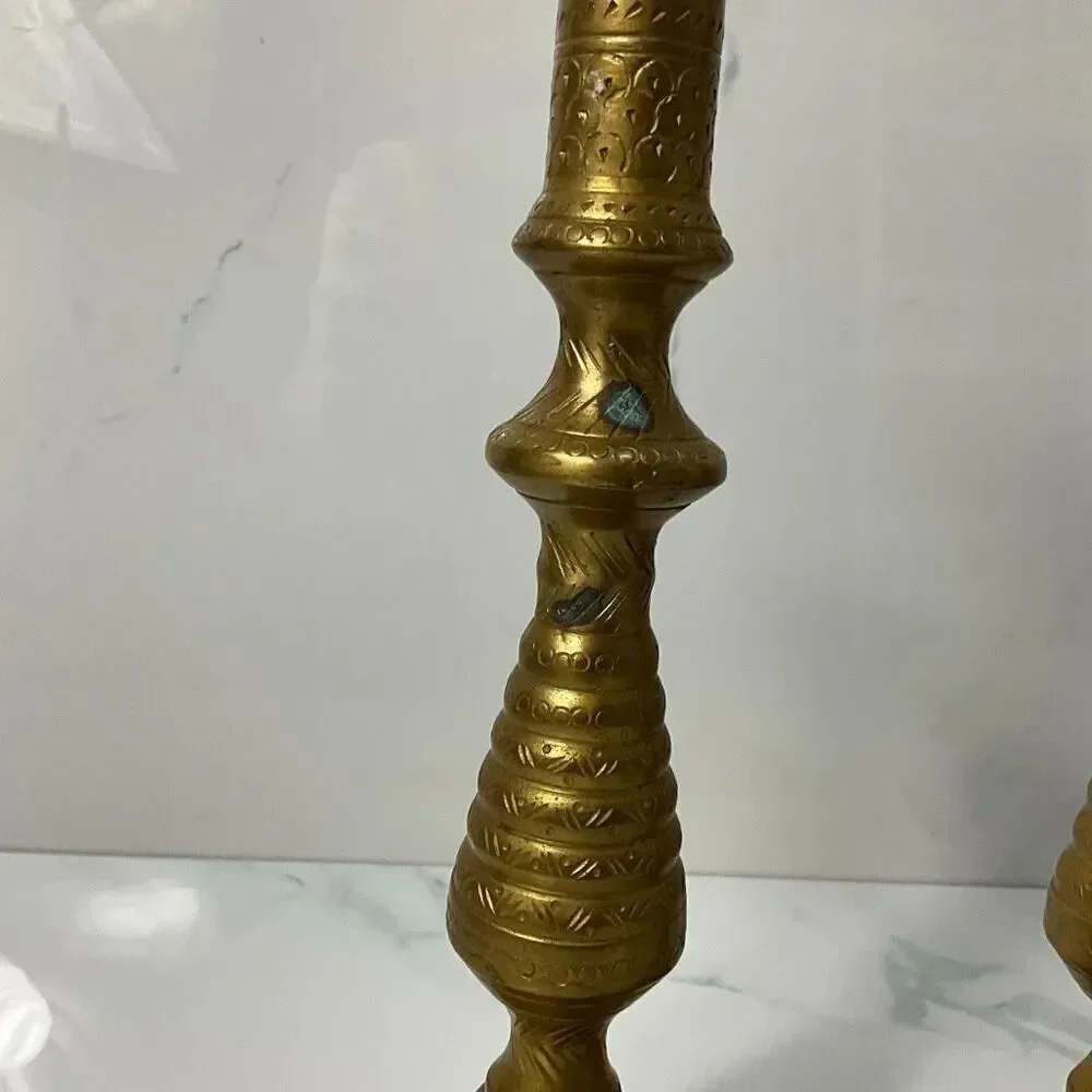 Pair Of VINTAGE Etched Brass Candle Holders